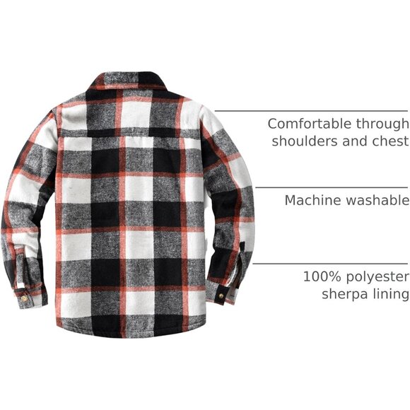 Mens CottonOrangeWhite Sherpa Lined Button Down Flannel Shirt Jacket Plaid Soft. - Picture 4 of 8